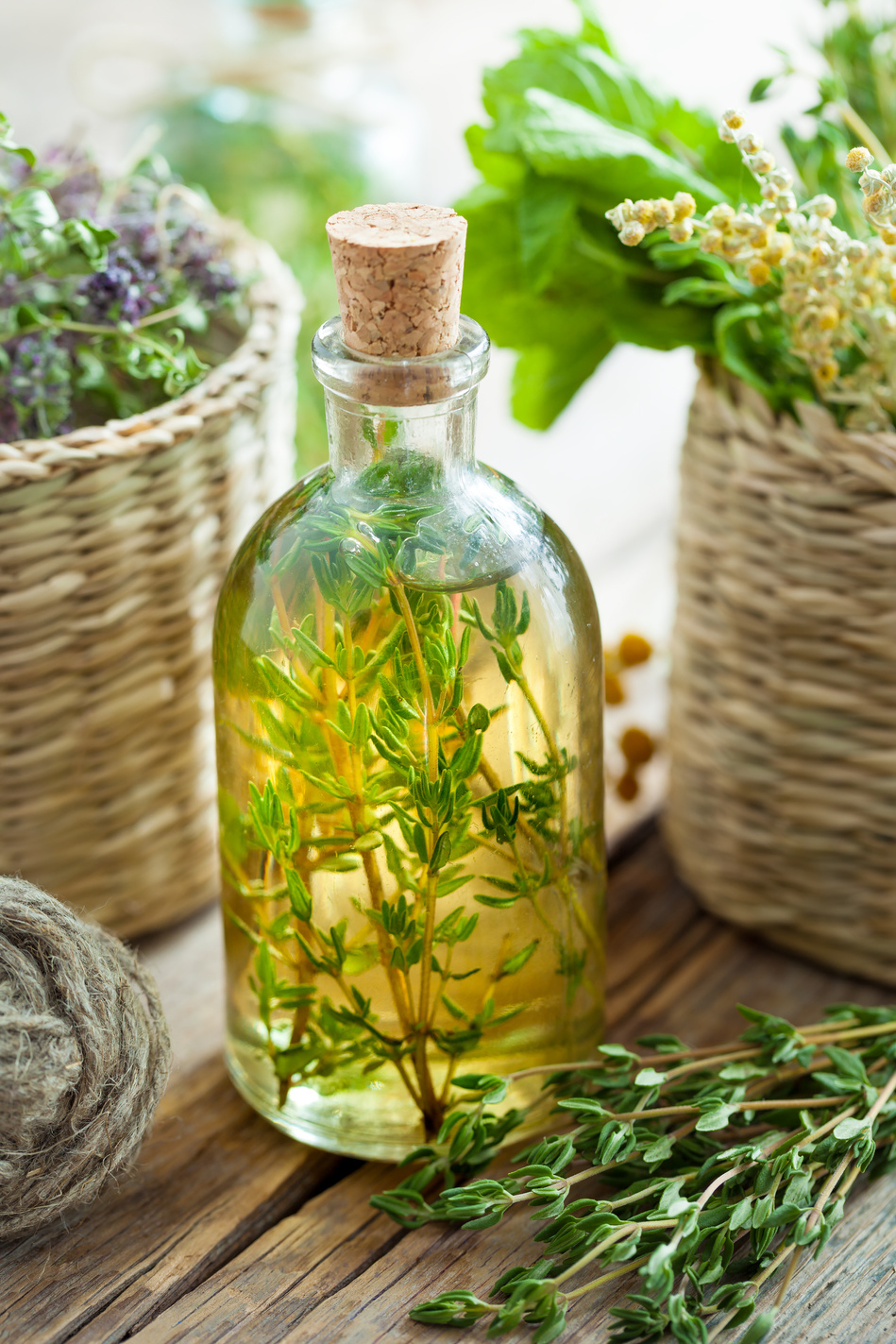 Thyme essential oil or infusion and basket of healing herbs.